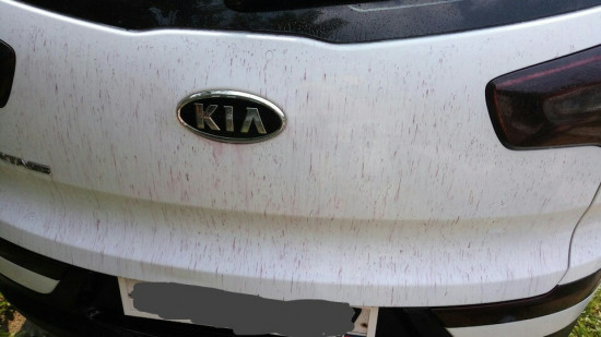 Реакция средства по удалению рыжих металлических точек. Распыляется на кузов, держится несколько минут согласно инструкции, смывается